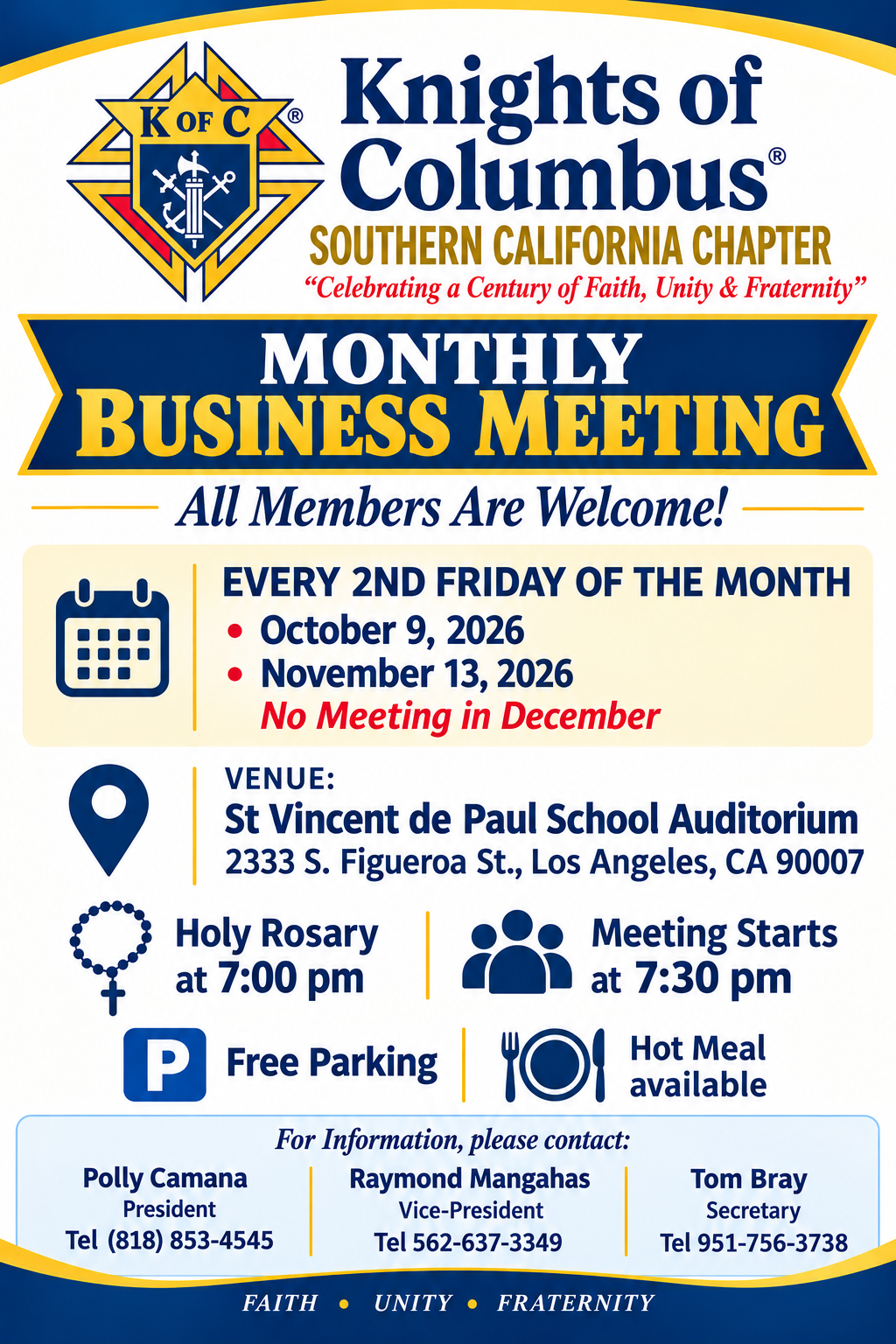 Southern California Chapter monthly business meeting flyer for October 9 and November 13, 2026
