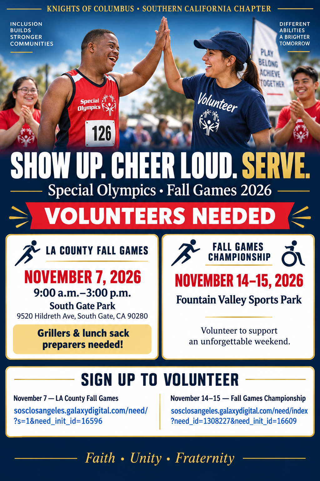 Volunteer flyer for the November 7 LA County Fall Games and November 14–15 Fall Games Championship